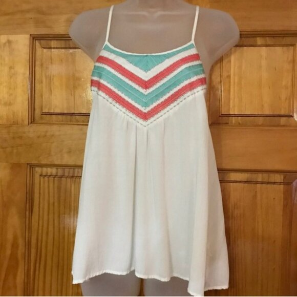 Teal Dove White Spaghetti Strap Razor Back Tank Top w/ Teal & Coral Neckline - Picture 2 of 11